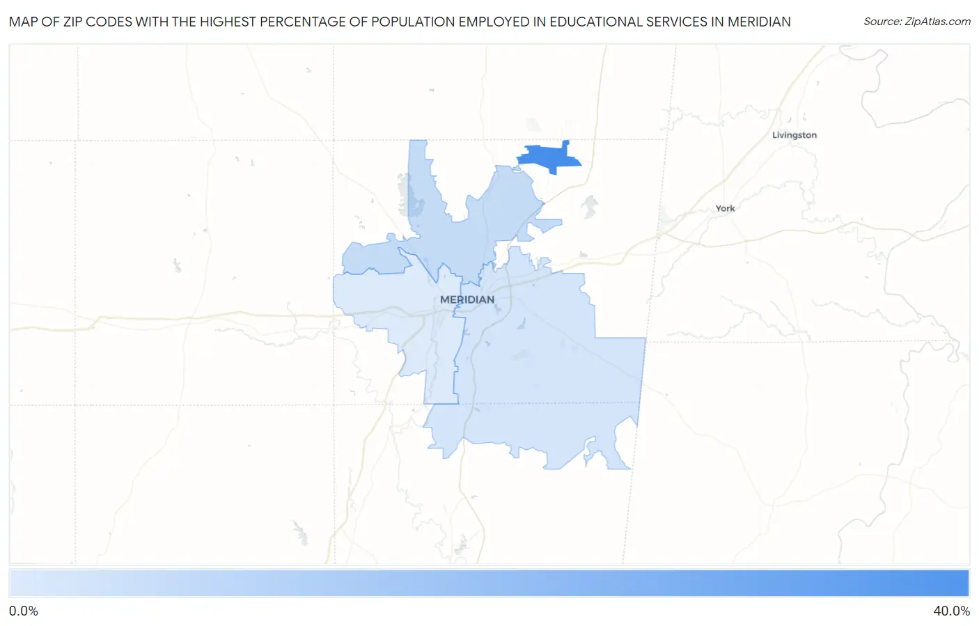 Zip Codes with the Highest Percentage of Population Employed in Educational Services in Meridian Map
