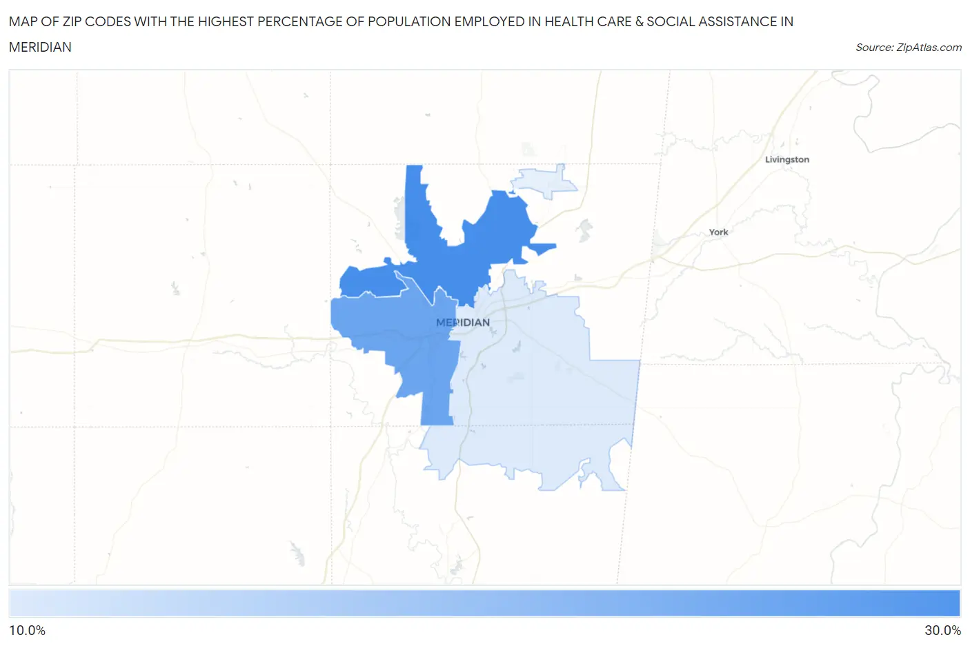Zip Codes with the Highest Percentage of Population Employed in Health Care & Social Assistance in Meridian Map