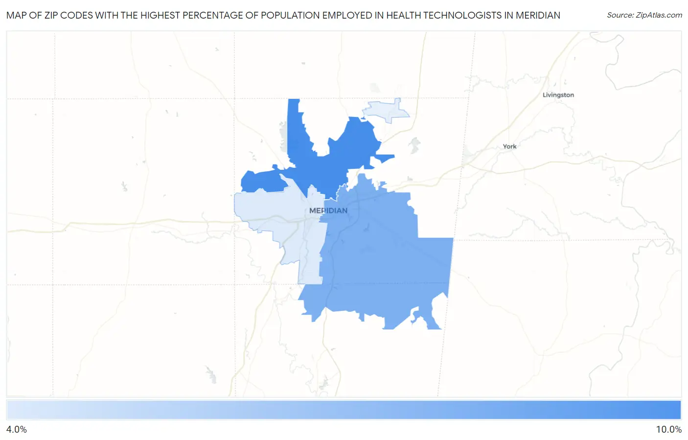 Zip Codes with the Highest Percentage of Population Employed in Health Technologists in Meridian Map