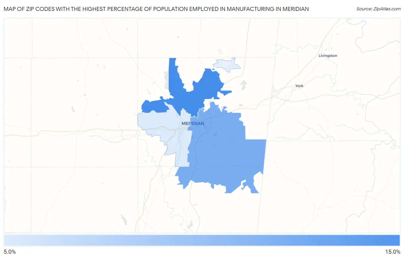 Zip Codes with the Highest Percentage of Population Employed in Manufacturing in Meridian Map