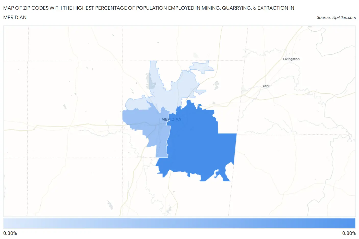 Zip Codes with the Highest Percentage of Population Employed in Mining, Quarrying, & Extraction in Meridian Map