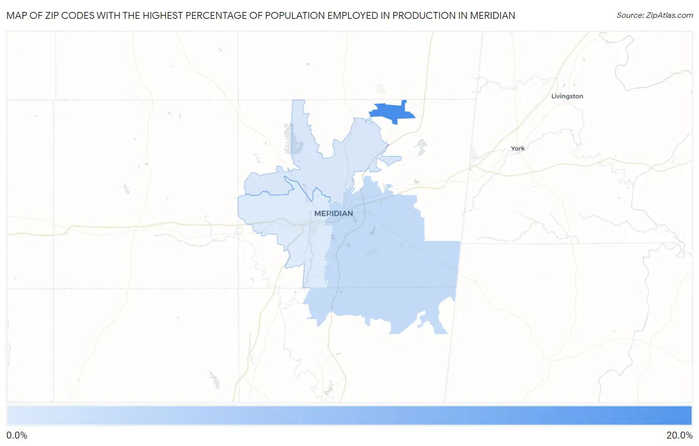 Zip Codes with the Highest Percentage of Population Employed in Production in Meridian Map