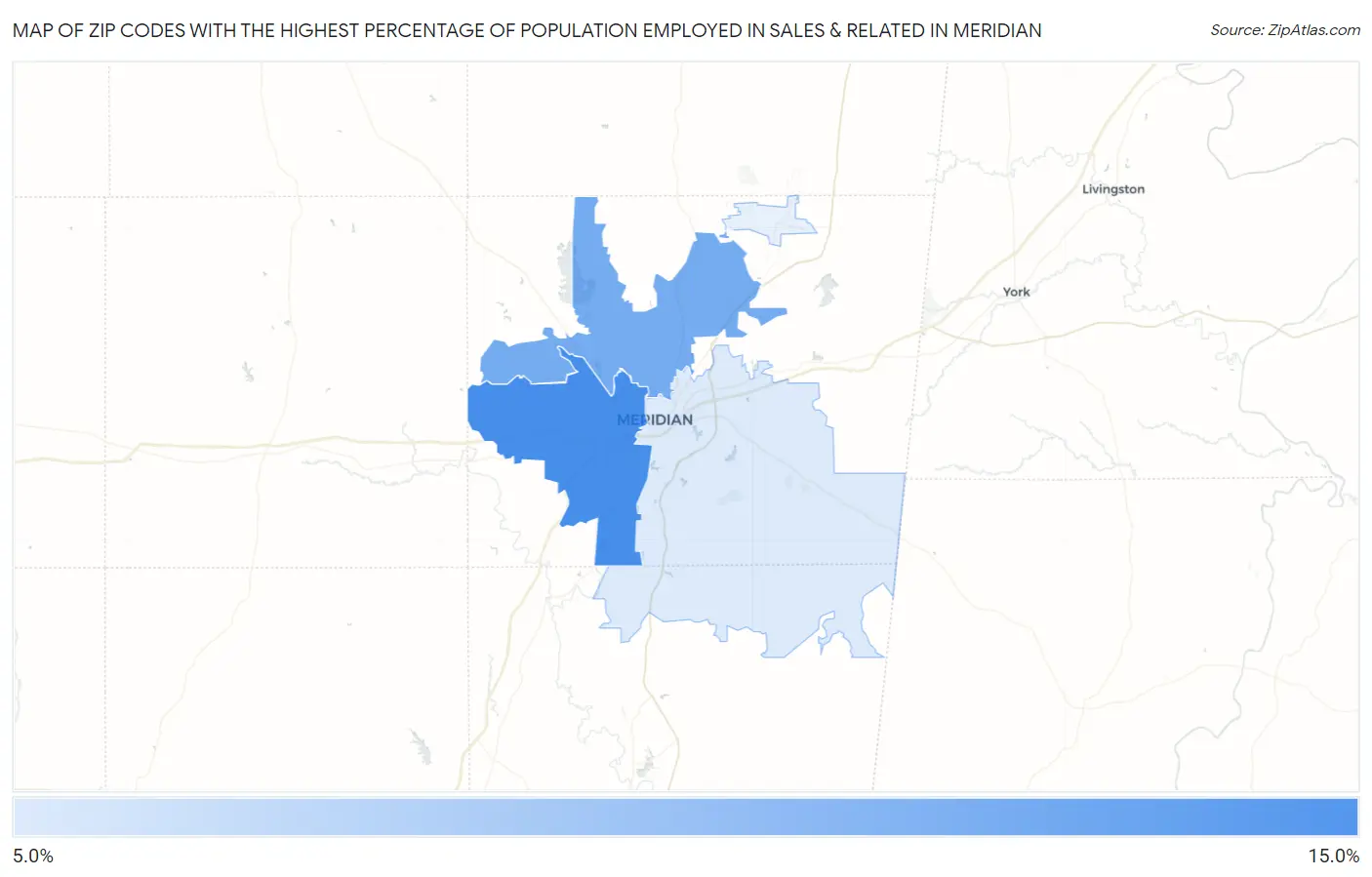 Zip Codes with the Highest Percentage of Population Employed in Sales & Related in Meridian Map