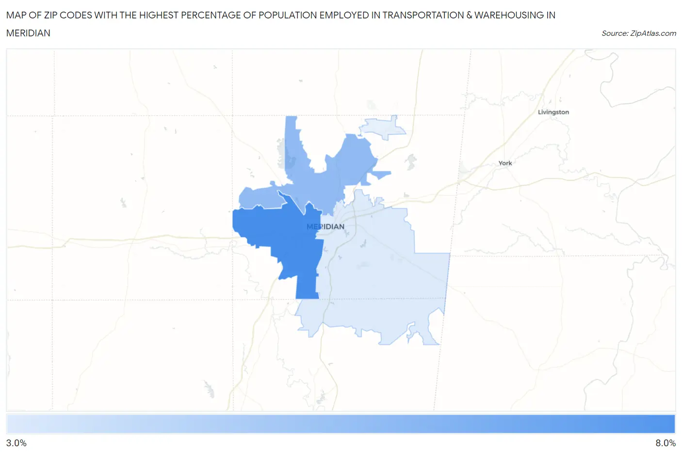 Zip Codes with the Highest Percentage of Population Employed in Transportation & Warehousing in Meridian Map