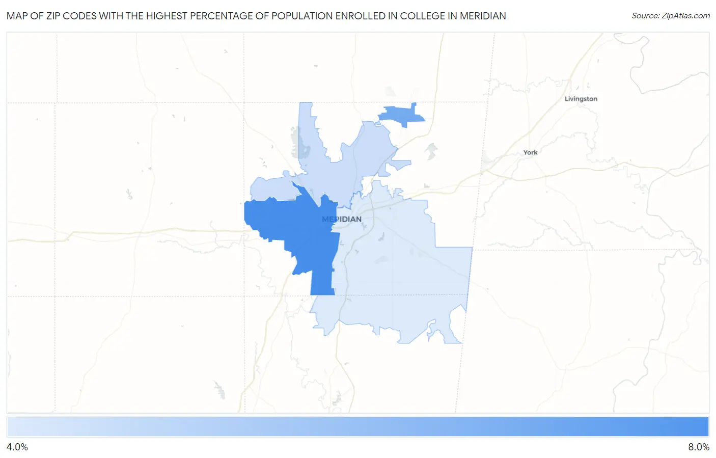 Zip Codes with the Highest Percentage of Population Enrolled in College in Meridian Map