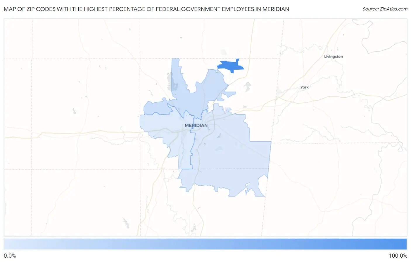 Zip Codes with the Highest Percentage of Federal Government Employees in Meridian Map