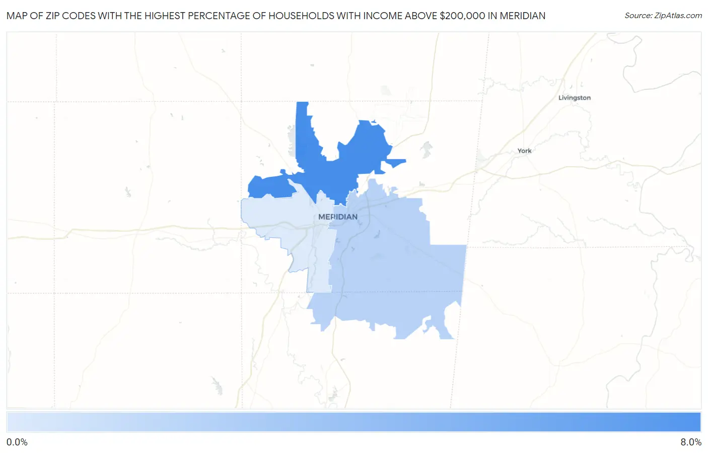 Zip Codes with the Highest Percentage of Households with Income Above $200,000 in Meridian Map