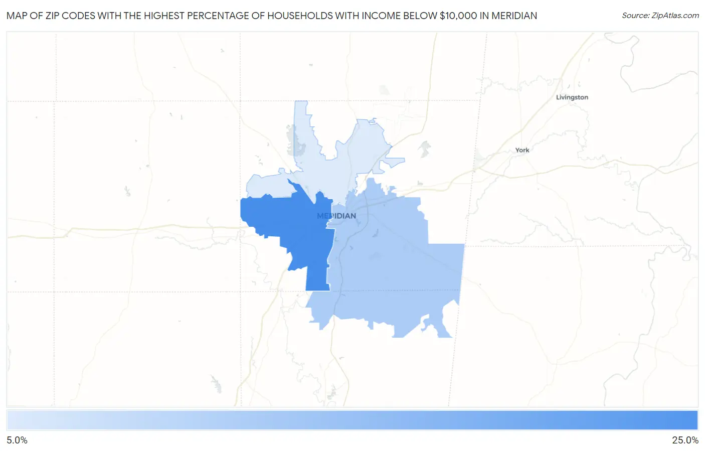 Zip Codes with the Highest Percentage of Households with Income Below $10,000 in Meridian Map