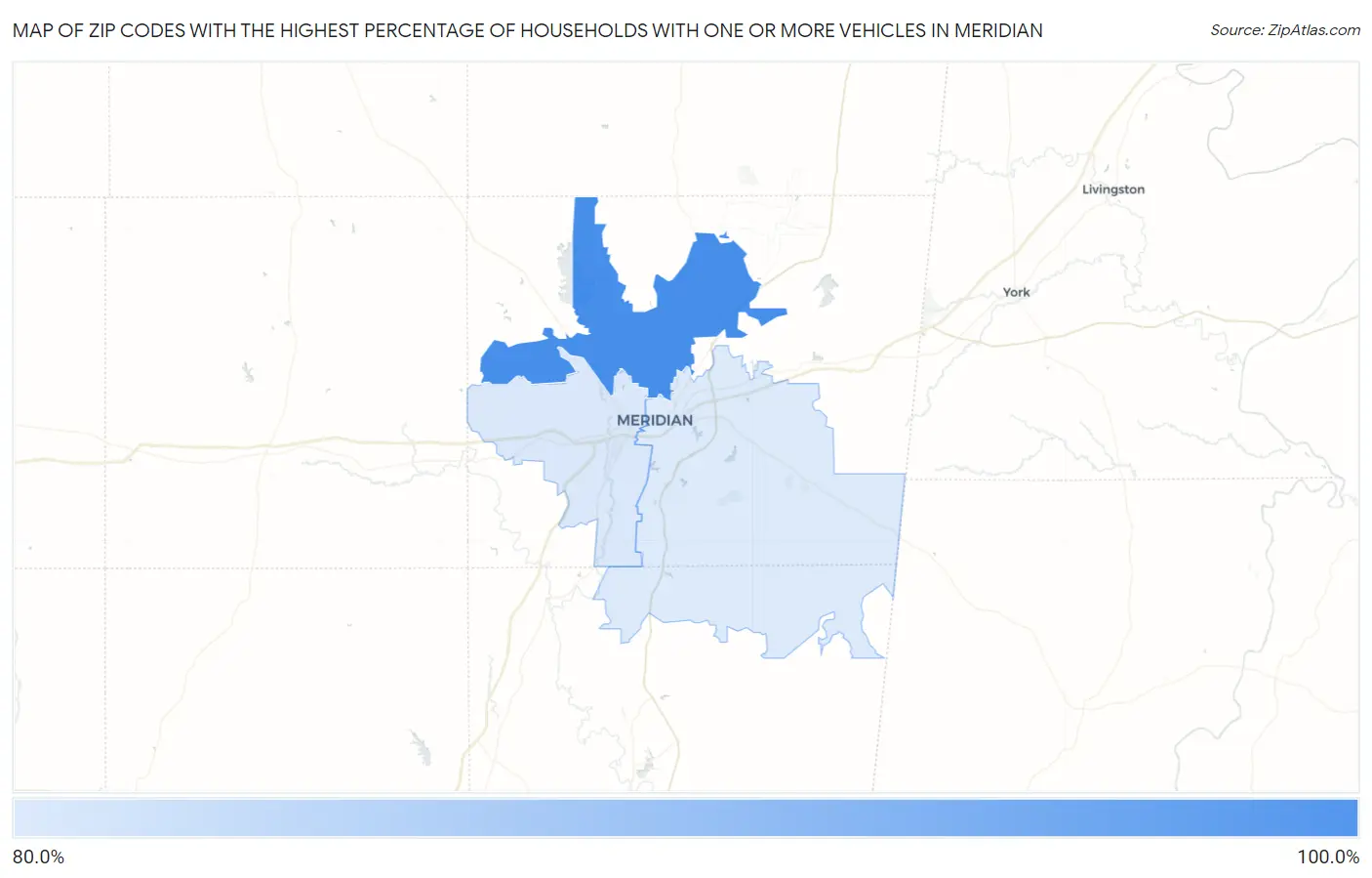 Zip Codes with the Highest Percentage of Households With One or more Vehicles in Meridian Map