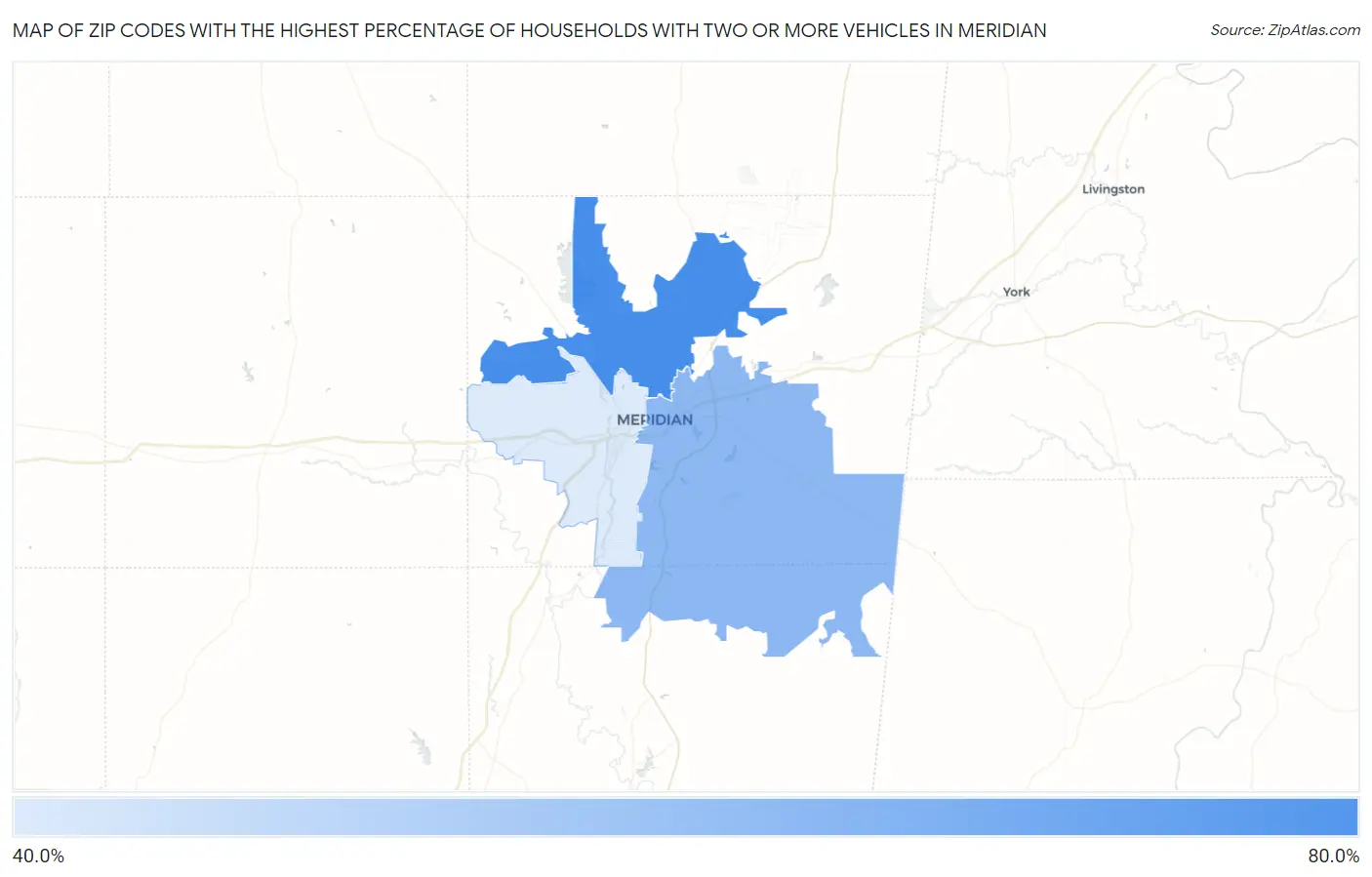 Zip Codes with the Highest Percentage of Households With Two or more Vehicles in Meridian Map