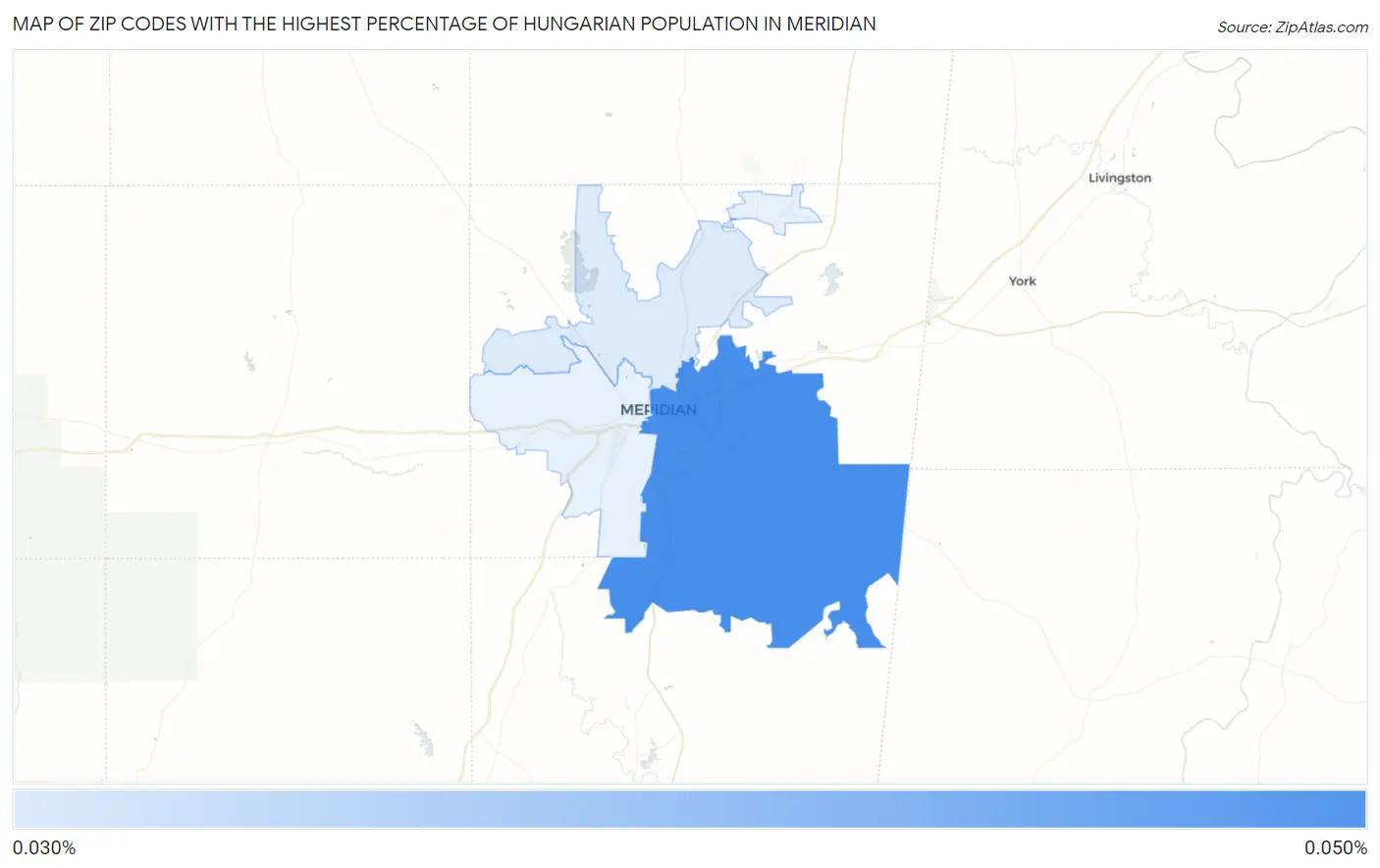 Zip Codes with the Highest Percentage of Hungarian Population in Meridian Map