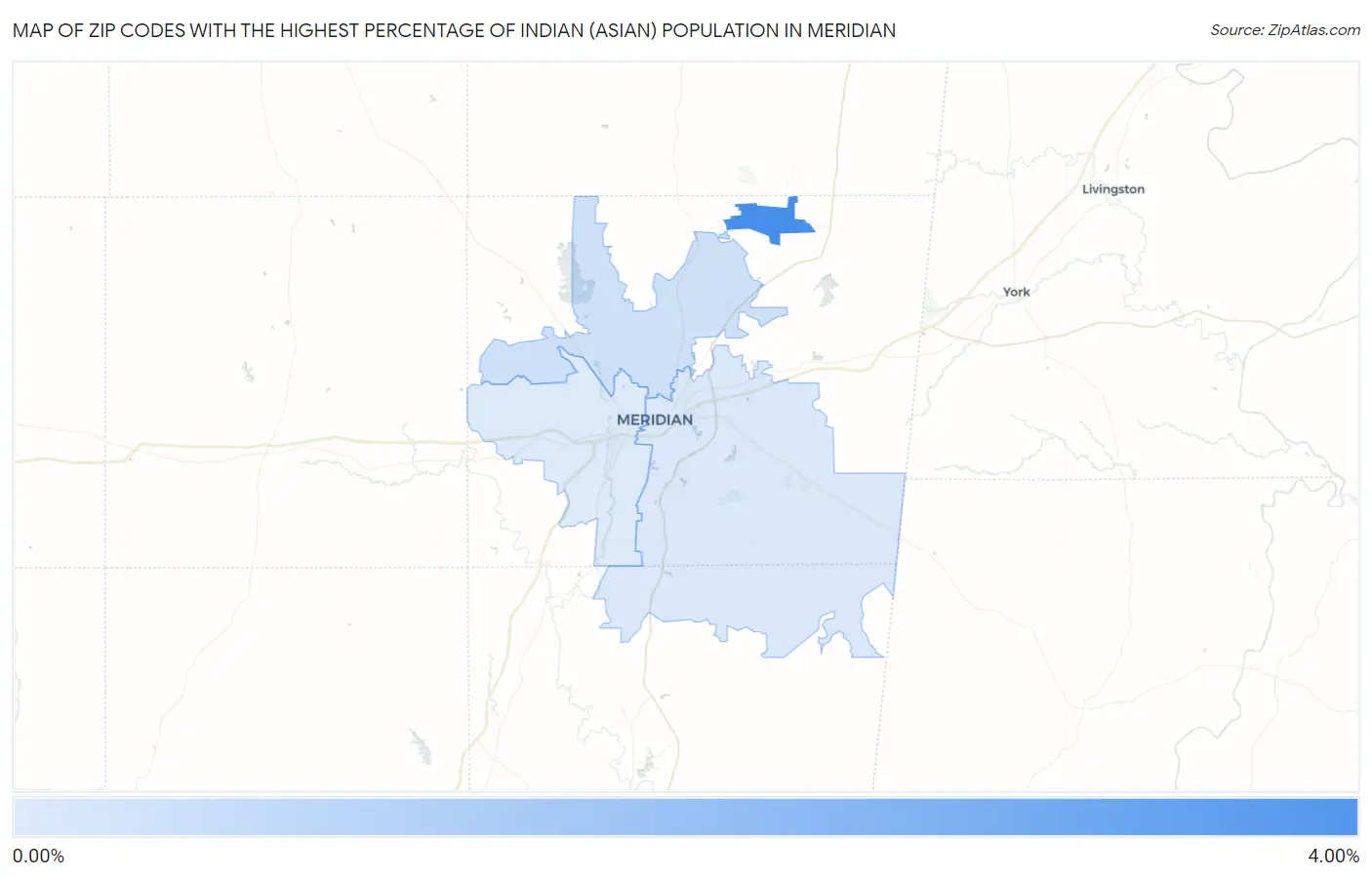 Zip Codes with the Highest Percentage of Indian (Asian) Population in Meridian Map
