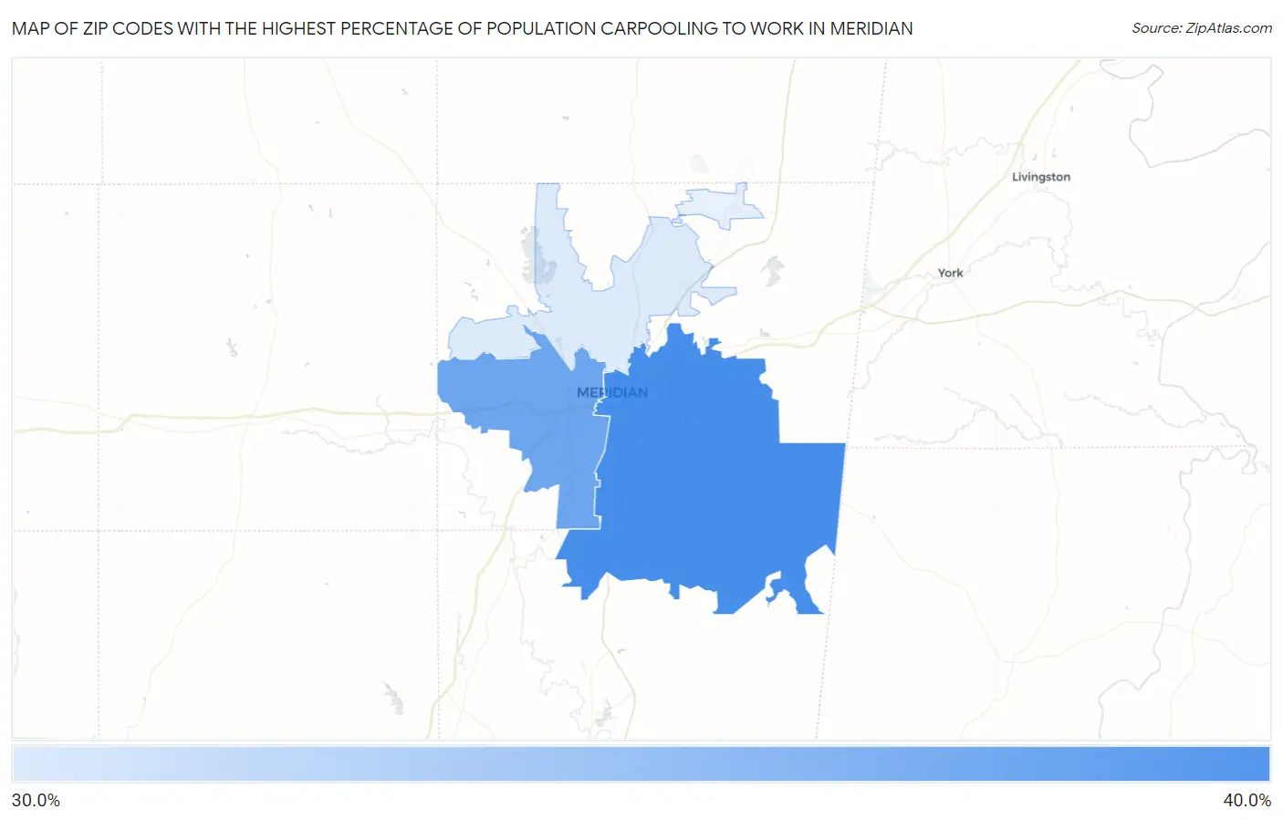 Zip Codes with the Highest Percentage of Population Carpooling to Work in Meridian Map