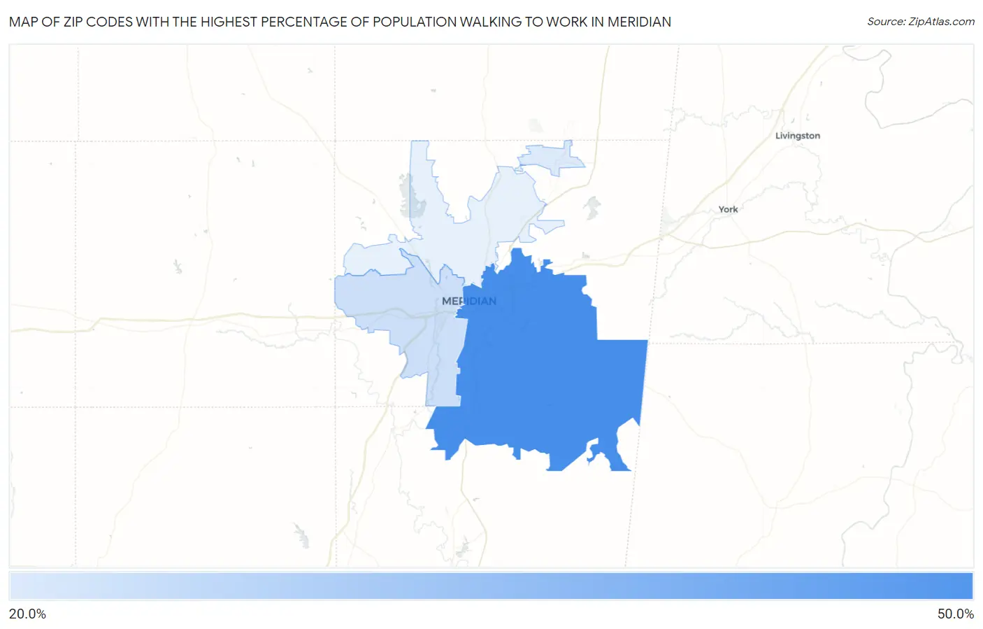 Zip Codes with the Highest Percentage of Population Walking to Work in Meridian Map