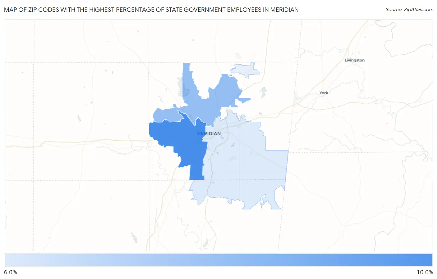 Zip Codes with the Highest Percentage of State Government Employees in Meridian Map