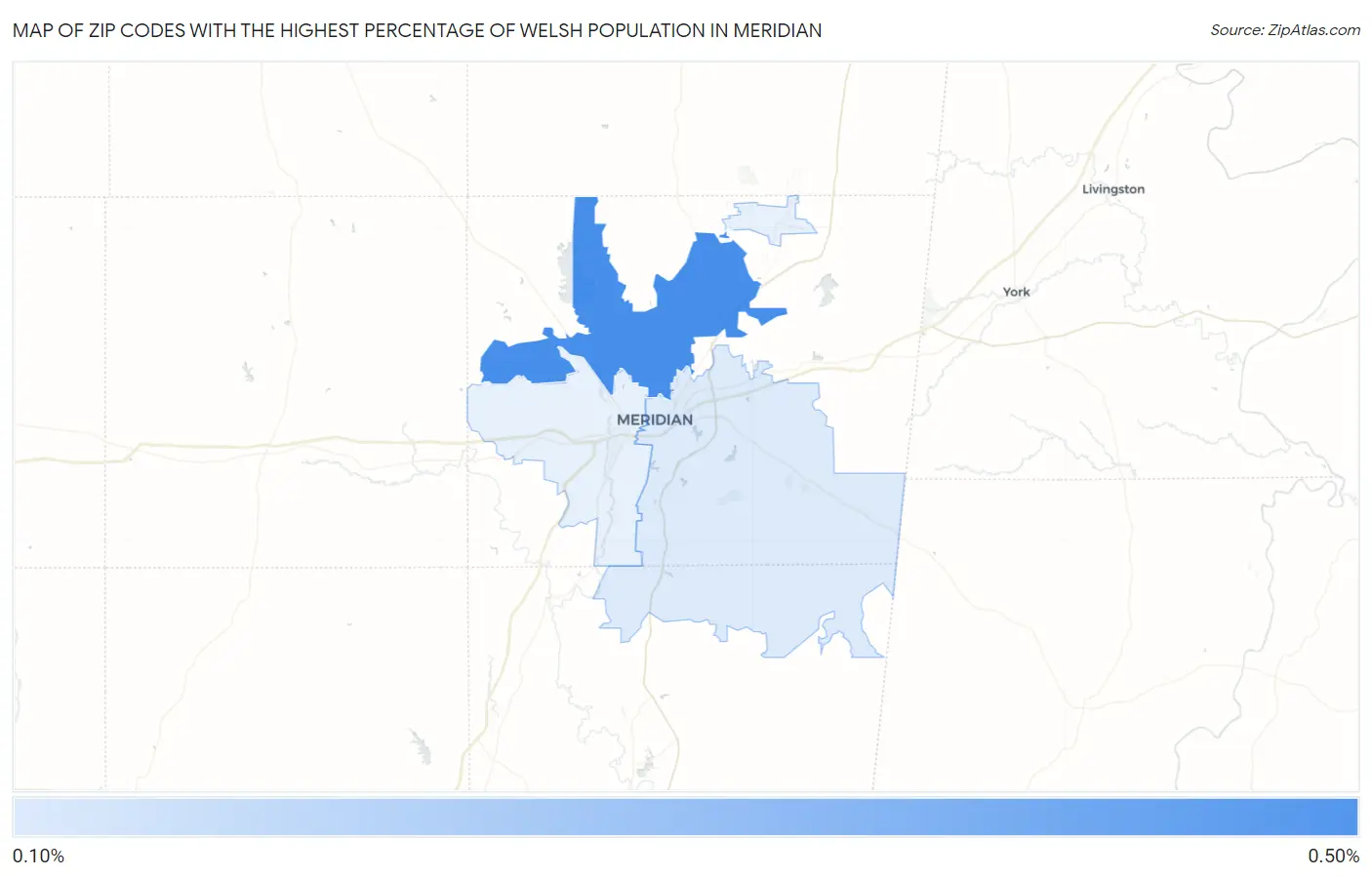 Zip Codes with the Highest Percentage of Welsh Population in Meridian Map