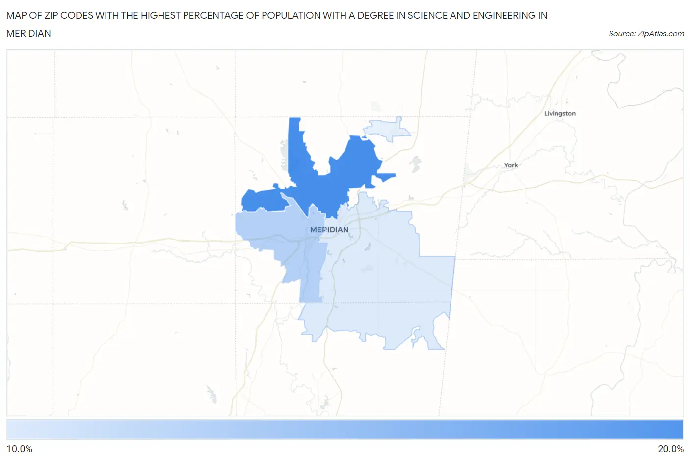 Zip Codes with the Highest Percentage of Population with a Degree in Science and Engineering in Meridian Map