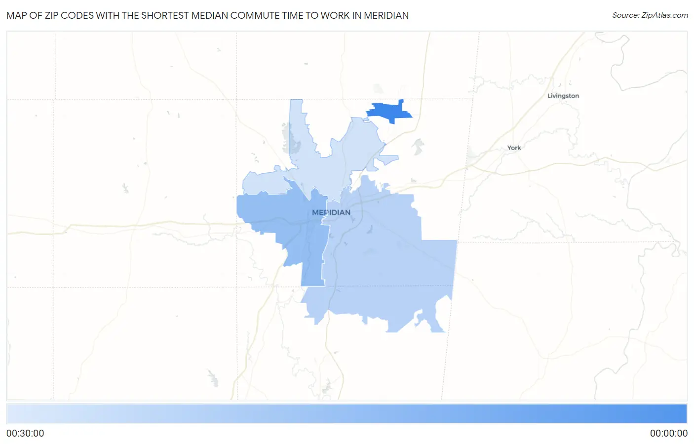 Zip Codes with the Shortest Median Commute Time to Work in Meridian Map