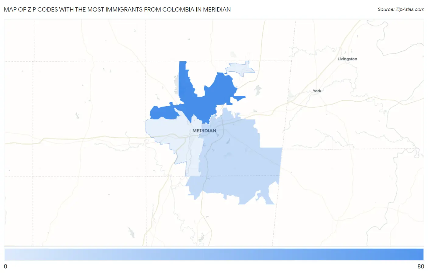 Zip Codes with the Most Immigrants from Colombia in Meridian Map