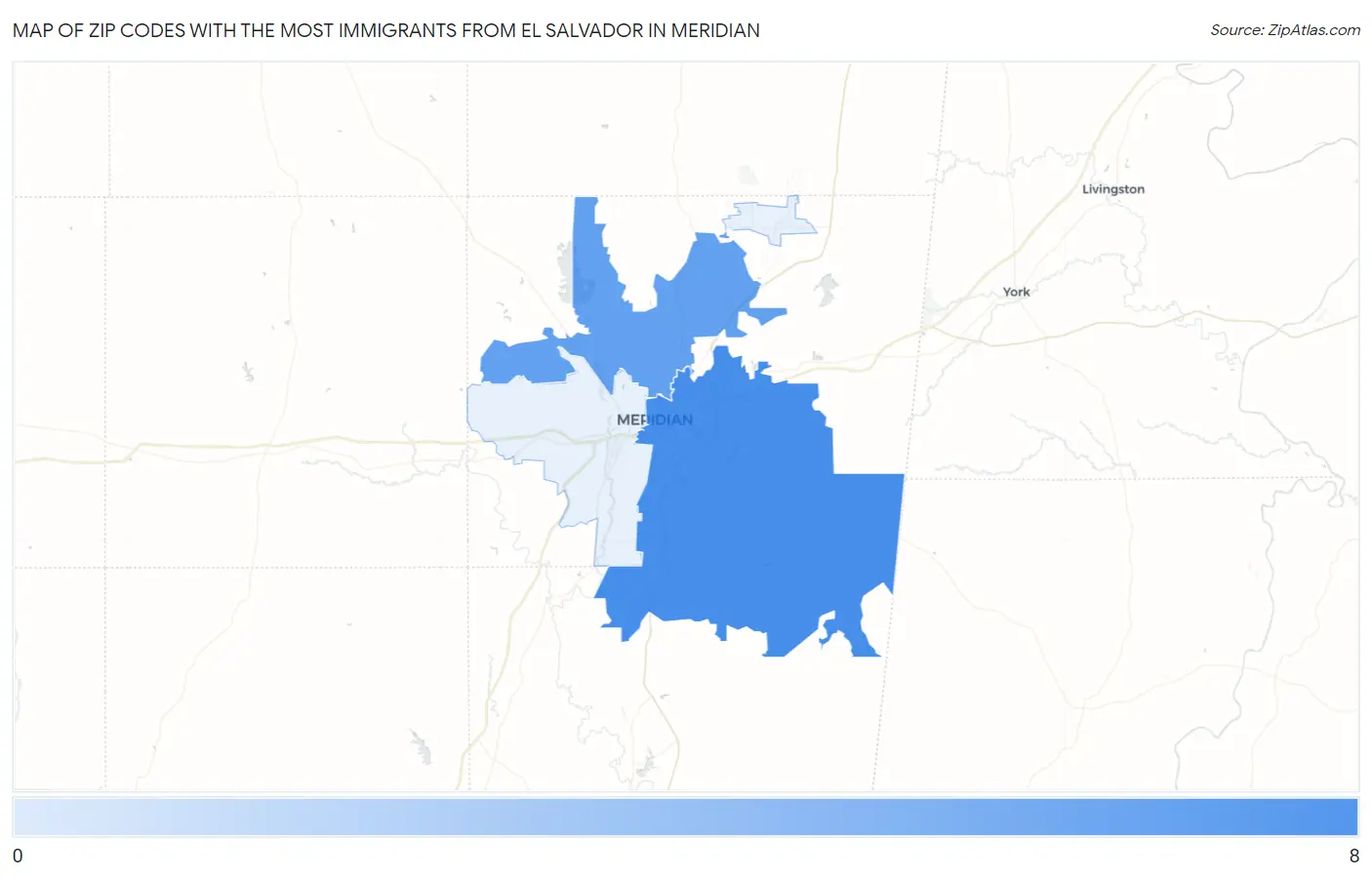 Zip Codes with the Most Immigrants from El Salvador in Meridian Map