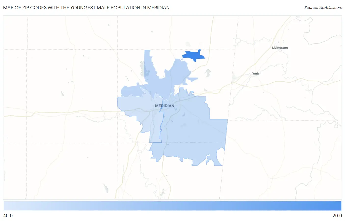 Zip Codes with the Youngest Male Population in Meridian Map