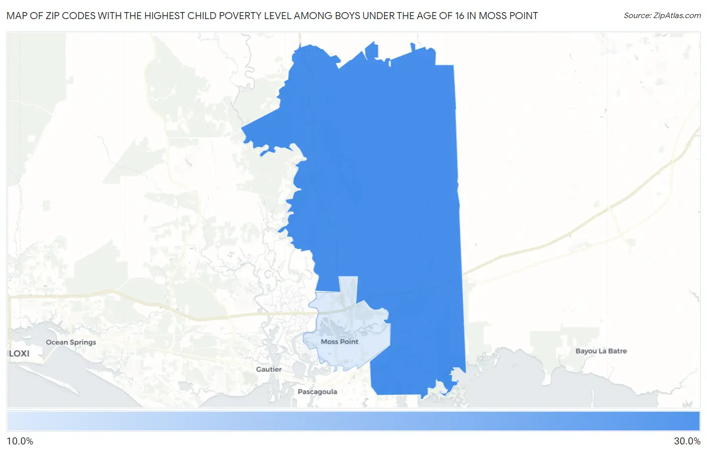 Zip Codes with the Highest Child Poverty Level Among Boys Under the Age of 16 in Moss Point Map