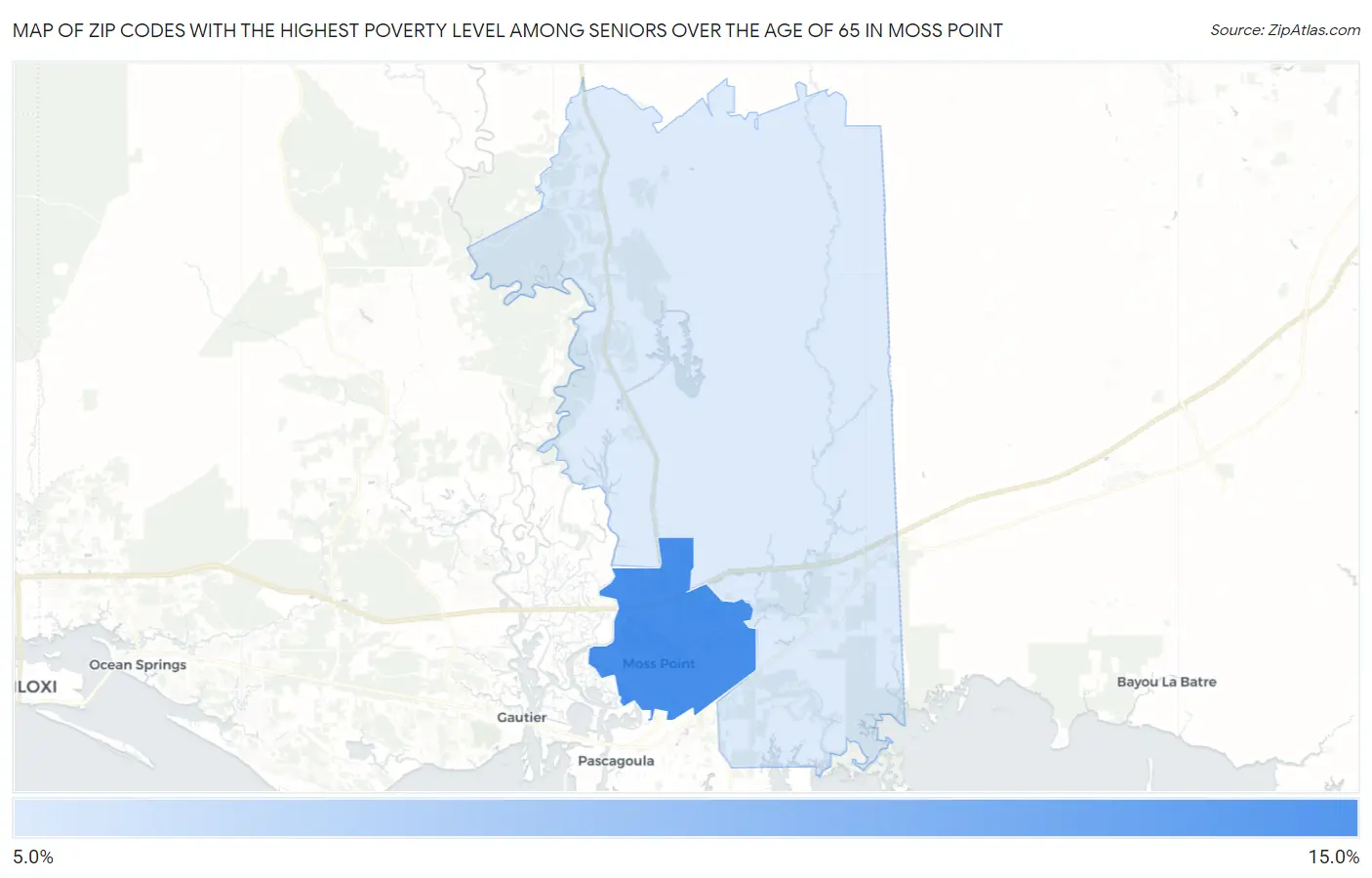 Zip Codes with the Highest Poverty Level Among Seniors Over the Age of 65 in Moss Point Map