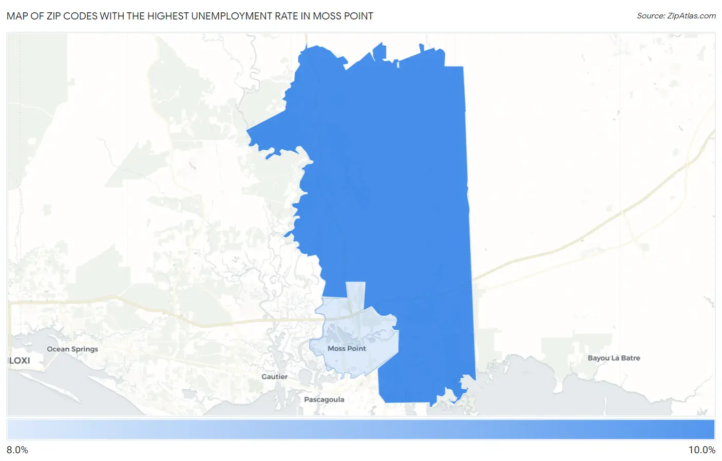 Zip Codes with the Highest Unemployment Rate in Moss Point Map