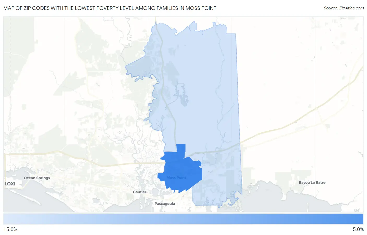 Zip Codes with the Lowest Poverty Level Among Families in Moss Point Map