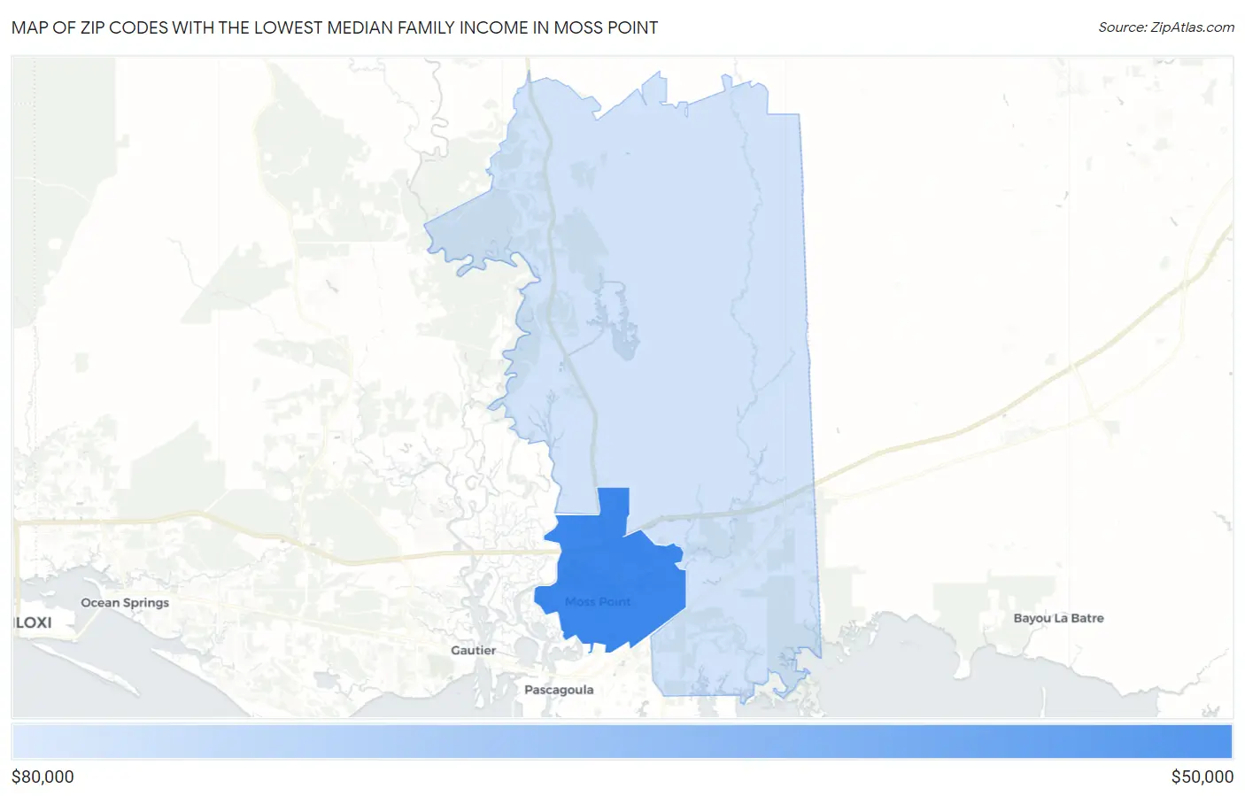 Zip Codes with the Lowest Median Family Income in Moss Point Map