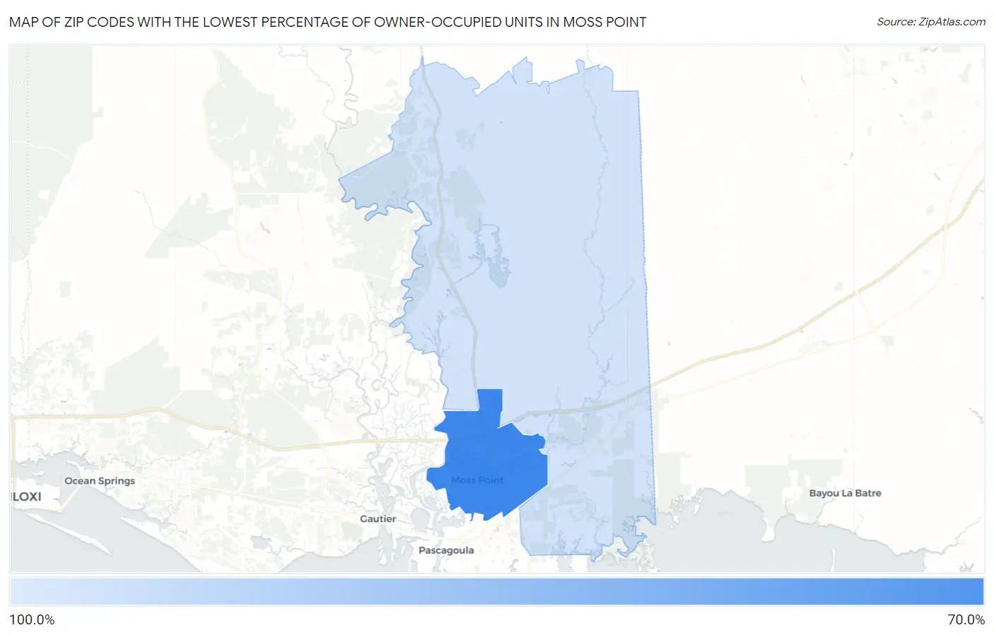 Zip Codes with the Lowest Percentage of Owner-Occupied Units in Moss Point Map