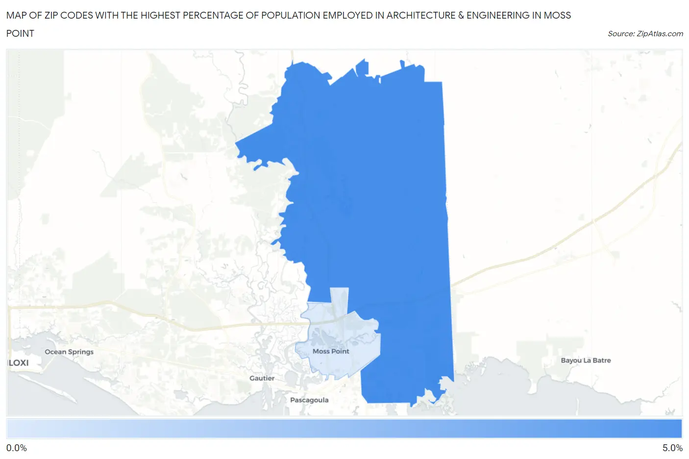 Zip Codes with the Highest Percentage of Population Employed in Architecture & Engineering in Moss Point Map