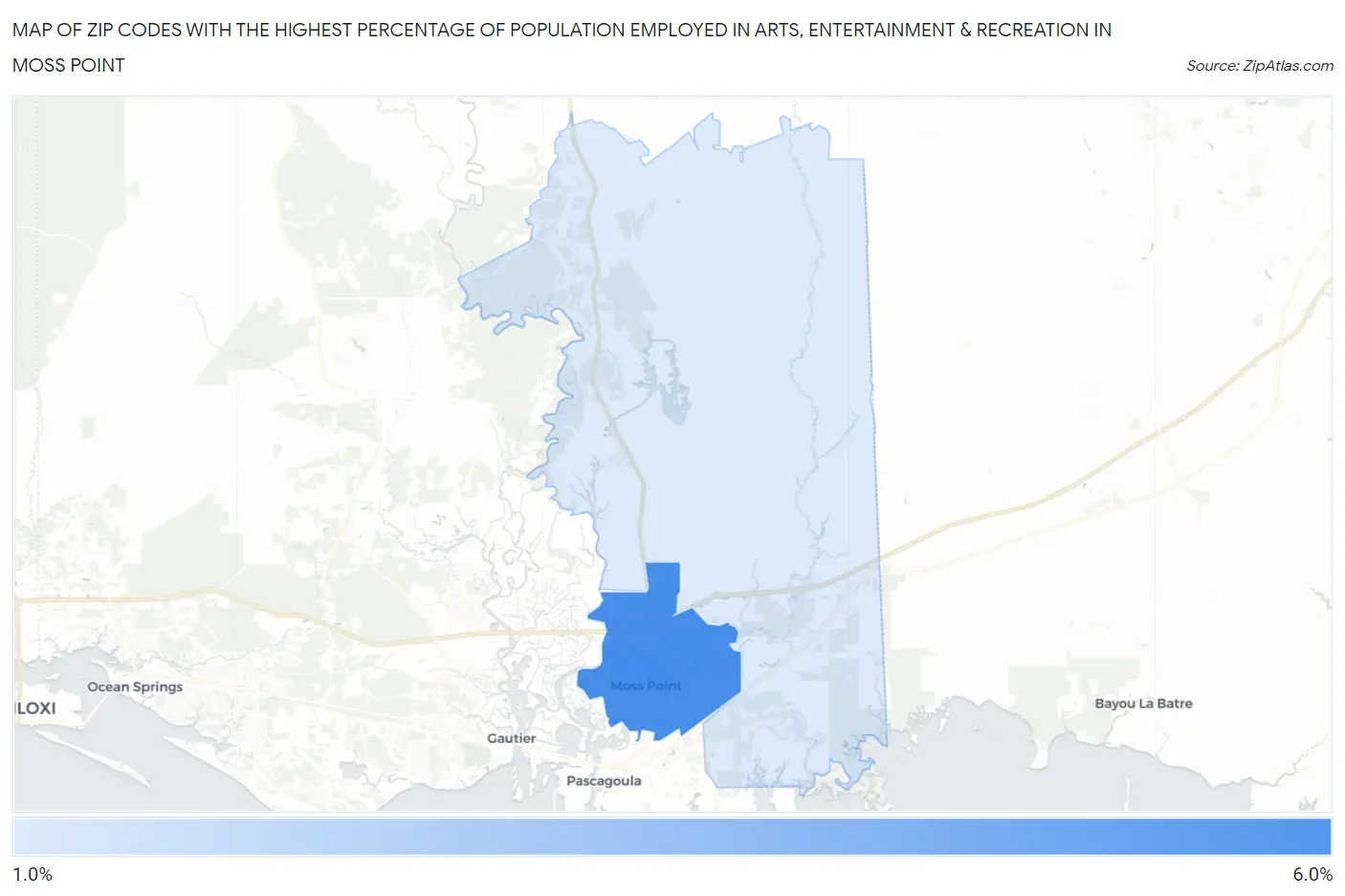 Zip Codes with the Highest Percentage of Population Employed in Arts, Entertainment & Recreation in Moss Point Map