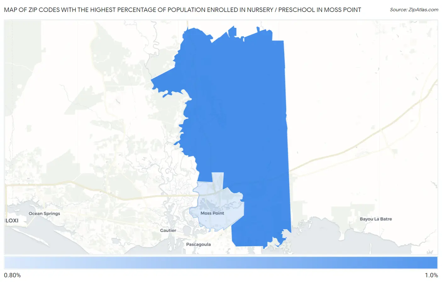 Zip Codes with the Highest Percentage of Population Enrolled in Nursery / Preschool in Moss Point Map