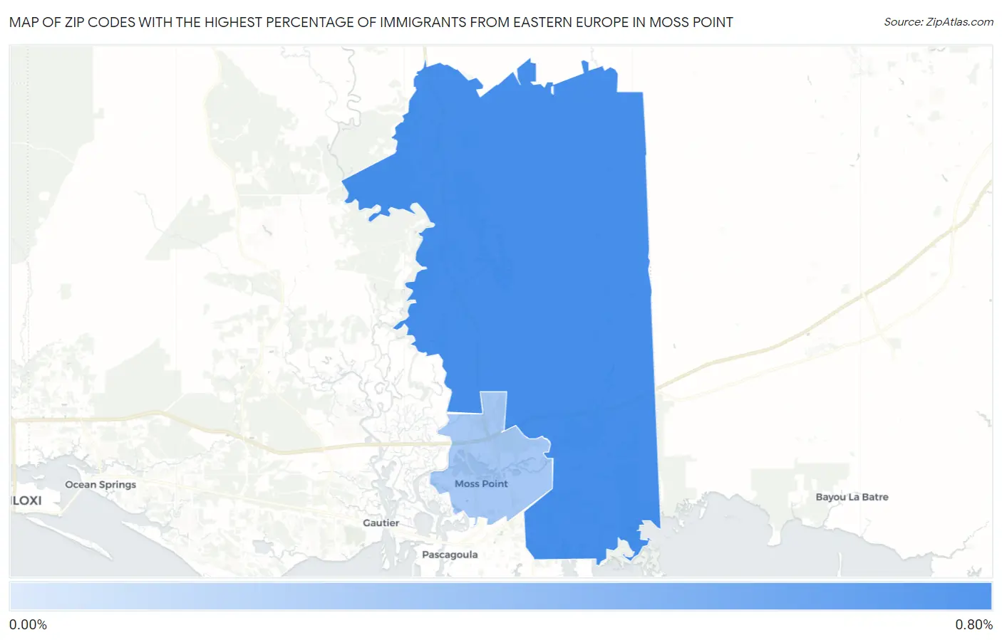 Zip Codes with the Highest Percentage of Immigrants from Eastern Europe in Moss Point Map