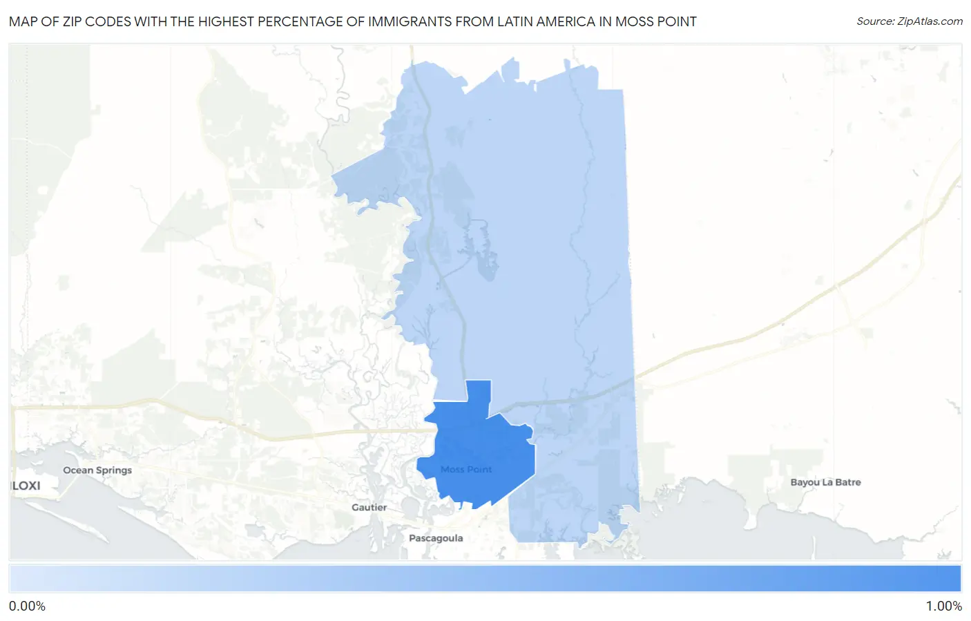 Zip Codes with the Highest Percentage of Immigrants from Latin America in Moss Point Map