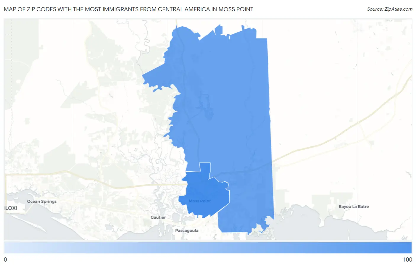 Zip Codes with the Most Immigrants from Central America in Moss Point Map