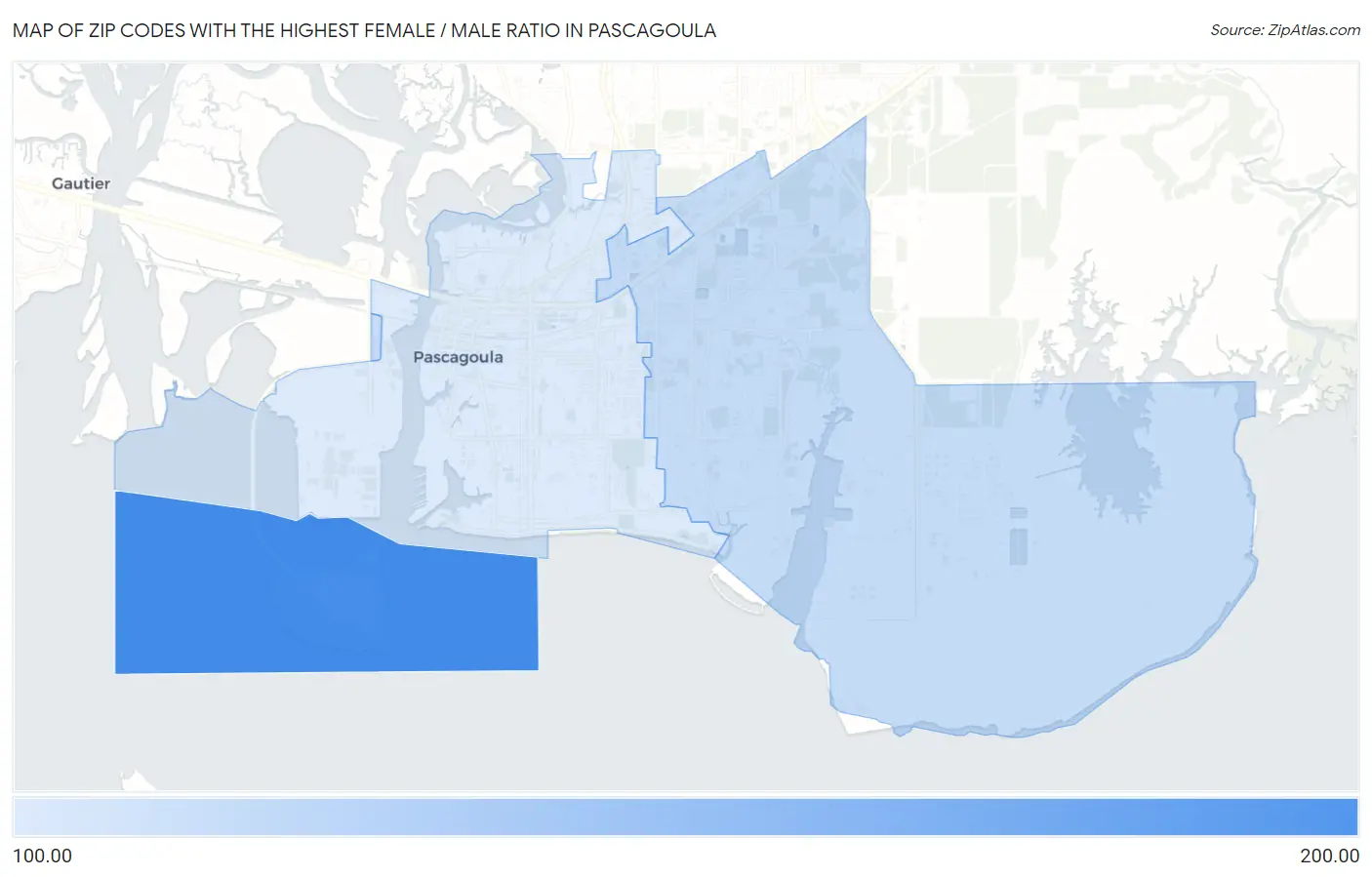 Zip Codes with the Highest Female / Male Ratio in Pascagoula Map