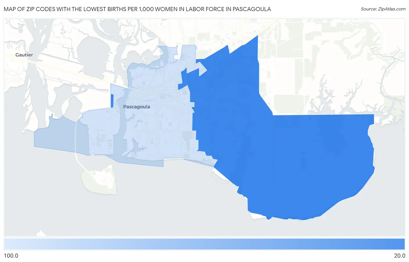 Zip Codes with the Lowest Births per 1,000 Women in Labor Force in Pascagoula Map