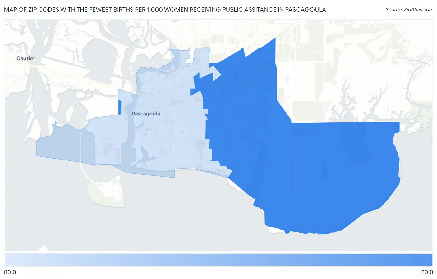 Zip Codes with the Fewest Births per 1,000 Women Receiving Public Assitance in Pascagoula Map