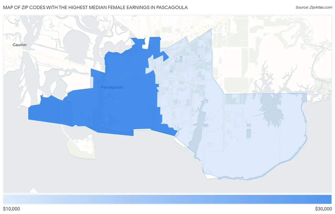 Zip Codes with the Highest Median Female Earnings in Pascagoula Map
