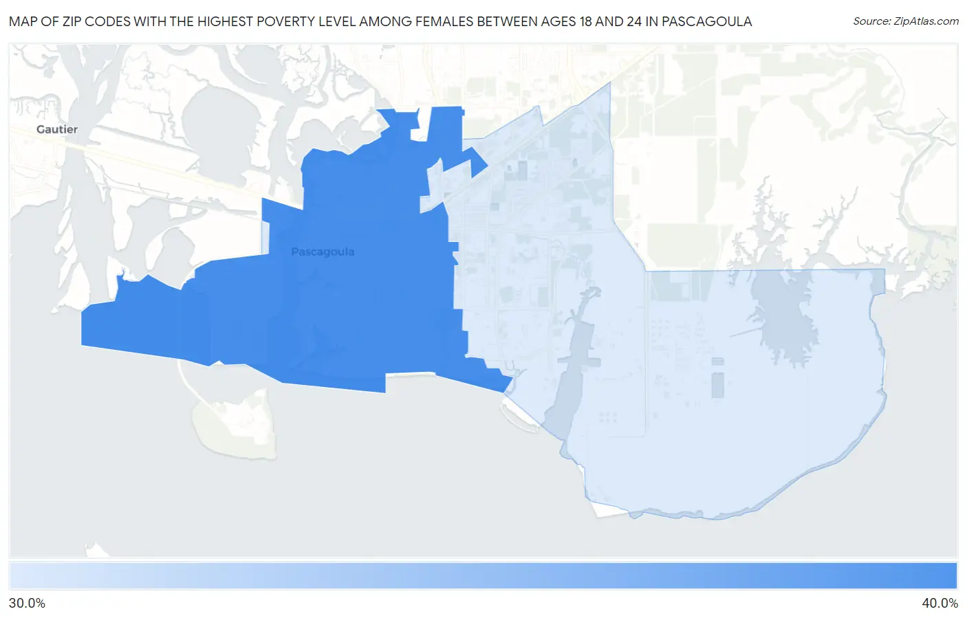 Zip Codes with the Highest Poverty Level Among Females Between Ages 18 and 24 in Pascagoula Map