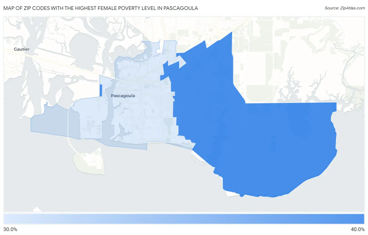 Zip Codes with the Highest Female Poverty Level in Pascagoula Map