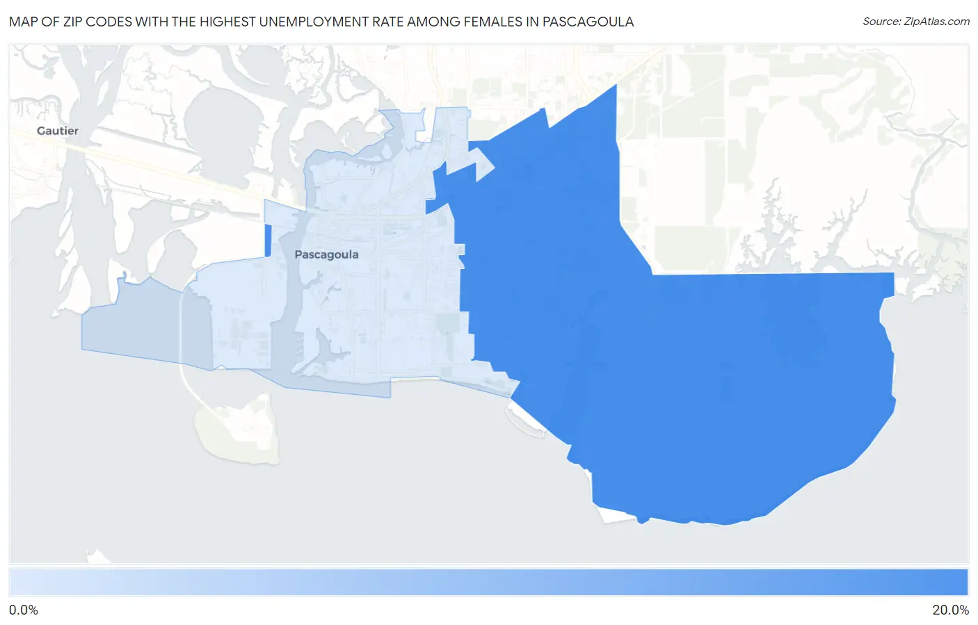 Zip Codes with the Highest Unemployment Rate Among Females in Pascagoula Map