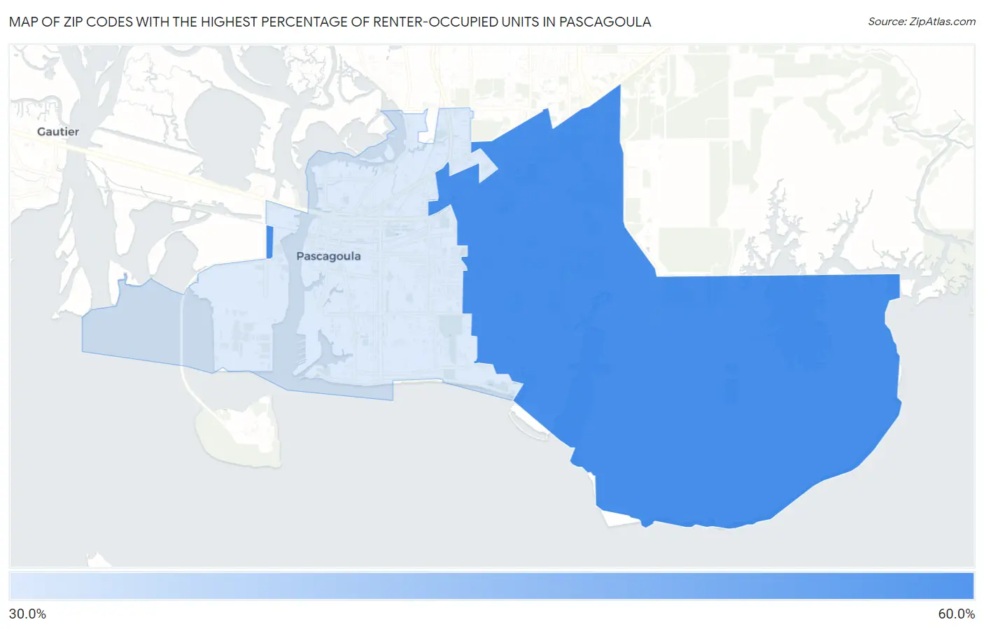 Zip Codes with the Highest Percentage of Renter-Occupied Units in Pascagoula Map