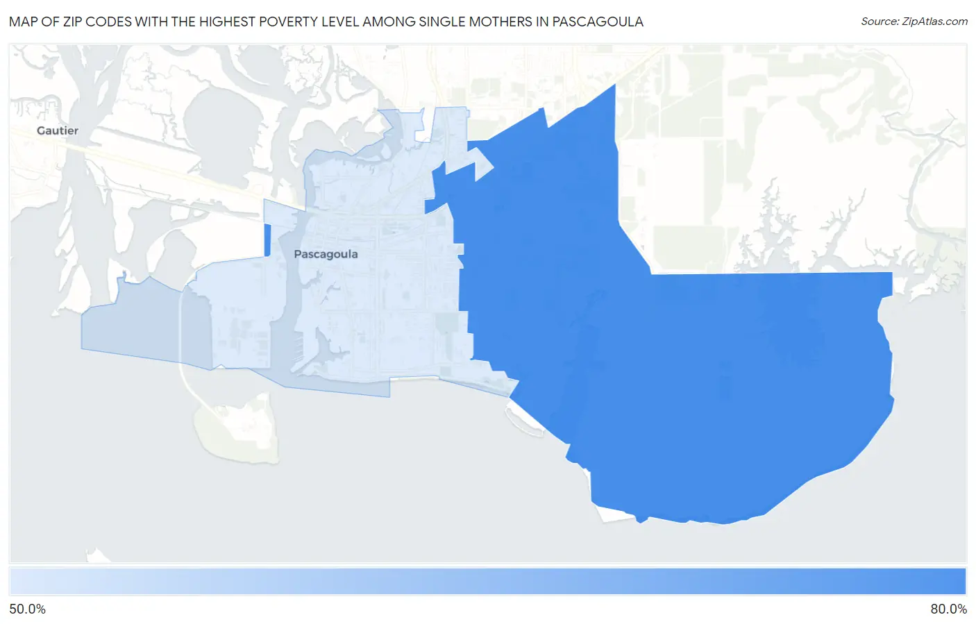 Zip Codes with the Highest Poverty Level Among Single Mothers in Pascagoula Map