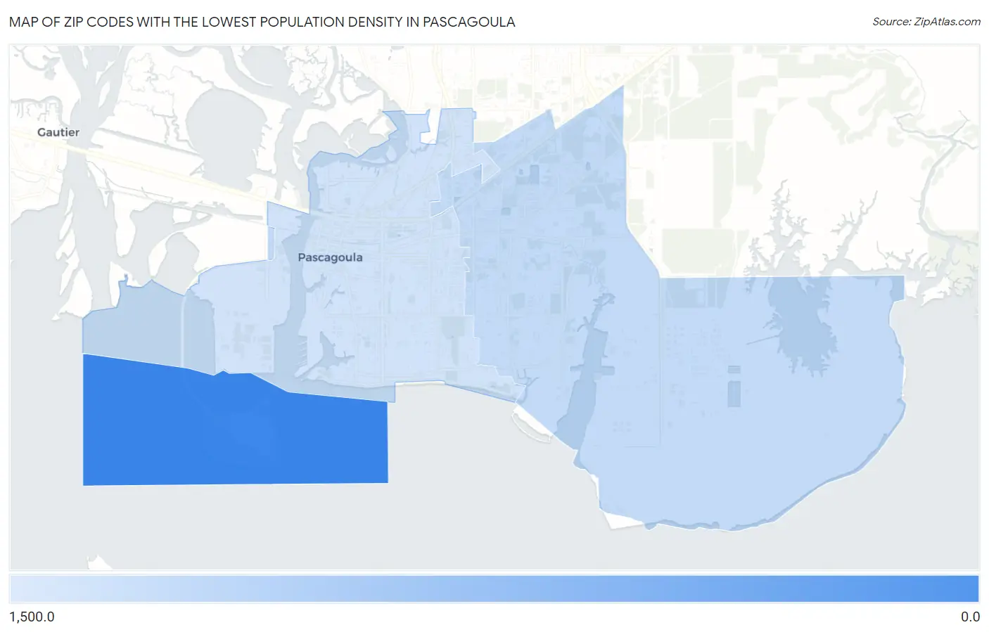Zip Codes with the Lowest Population Density in Pascagoula Map