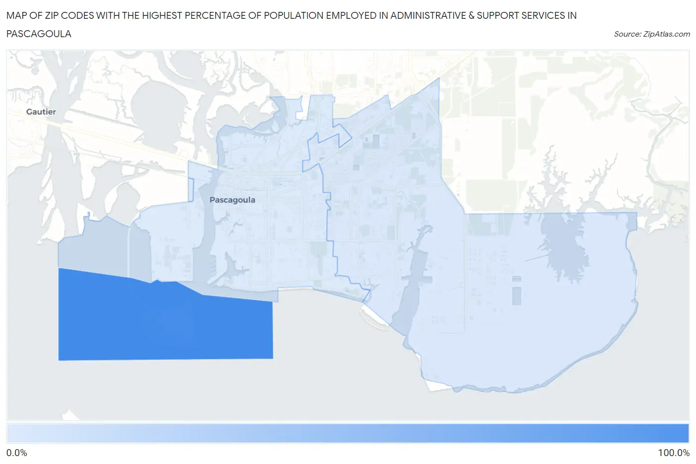 Zip Codes with the Highest Percentage of Population Employed in Administrative & Support Services in Pascagoula Map