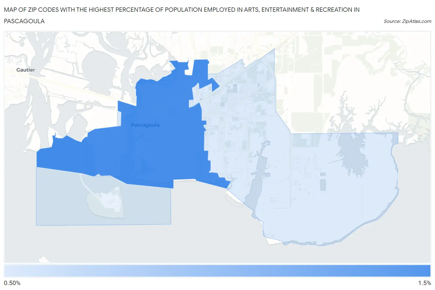 Zip Codes with the Highest Percentage of Population Employed in Arts, Entertainment & Recreation in Pascagoula Map