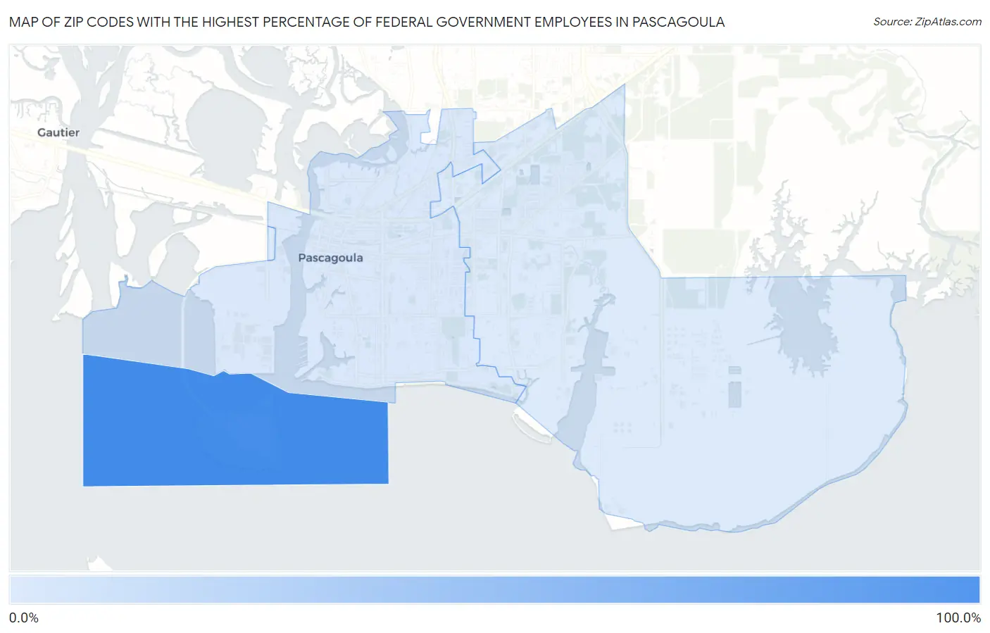 Zip Codes with the Highest Percentage of Federal Government Employees in Pascagoula Map